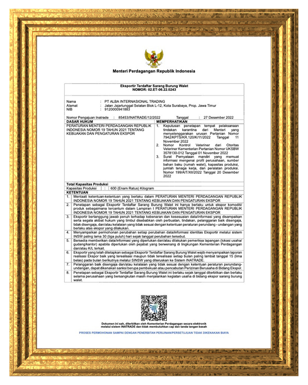 Registered Exporter certificate — Ministry of Trade, Republic of Indonesia