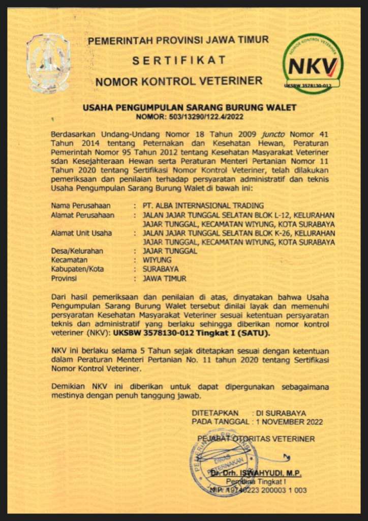 Sertifikat Nomor Kontrol Veteriner (NKV) — Pemerintah Provinsi Jawa Timur
