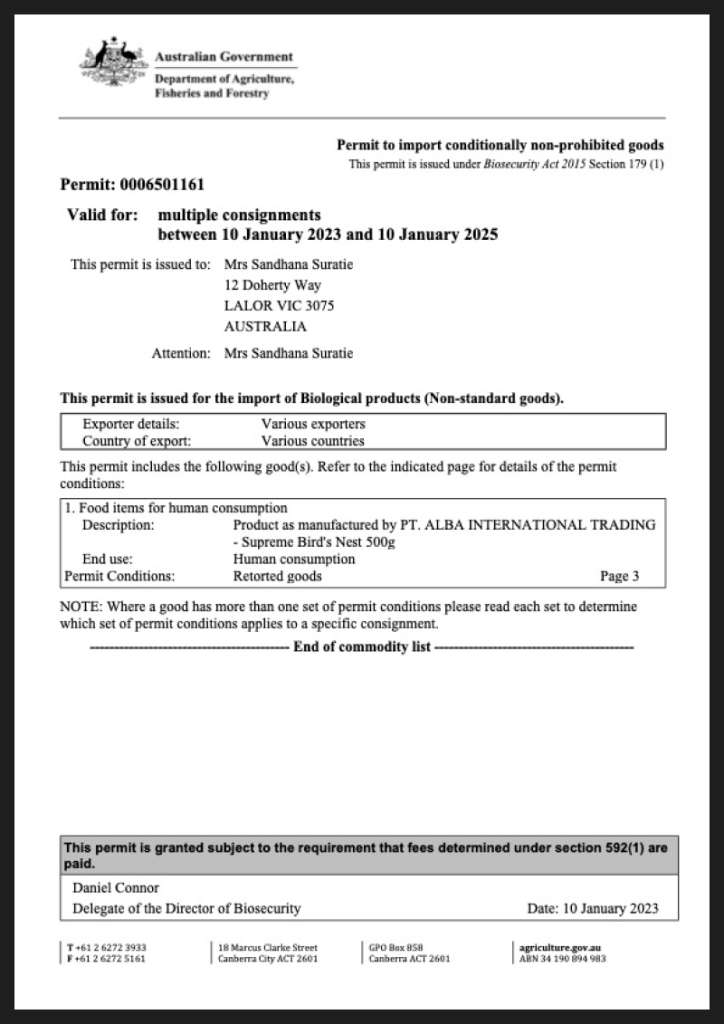 Australian Government Department of Agriculture — Permit to import (Biosecurity Act 2015)