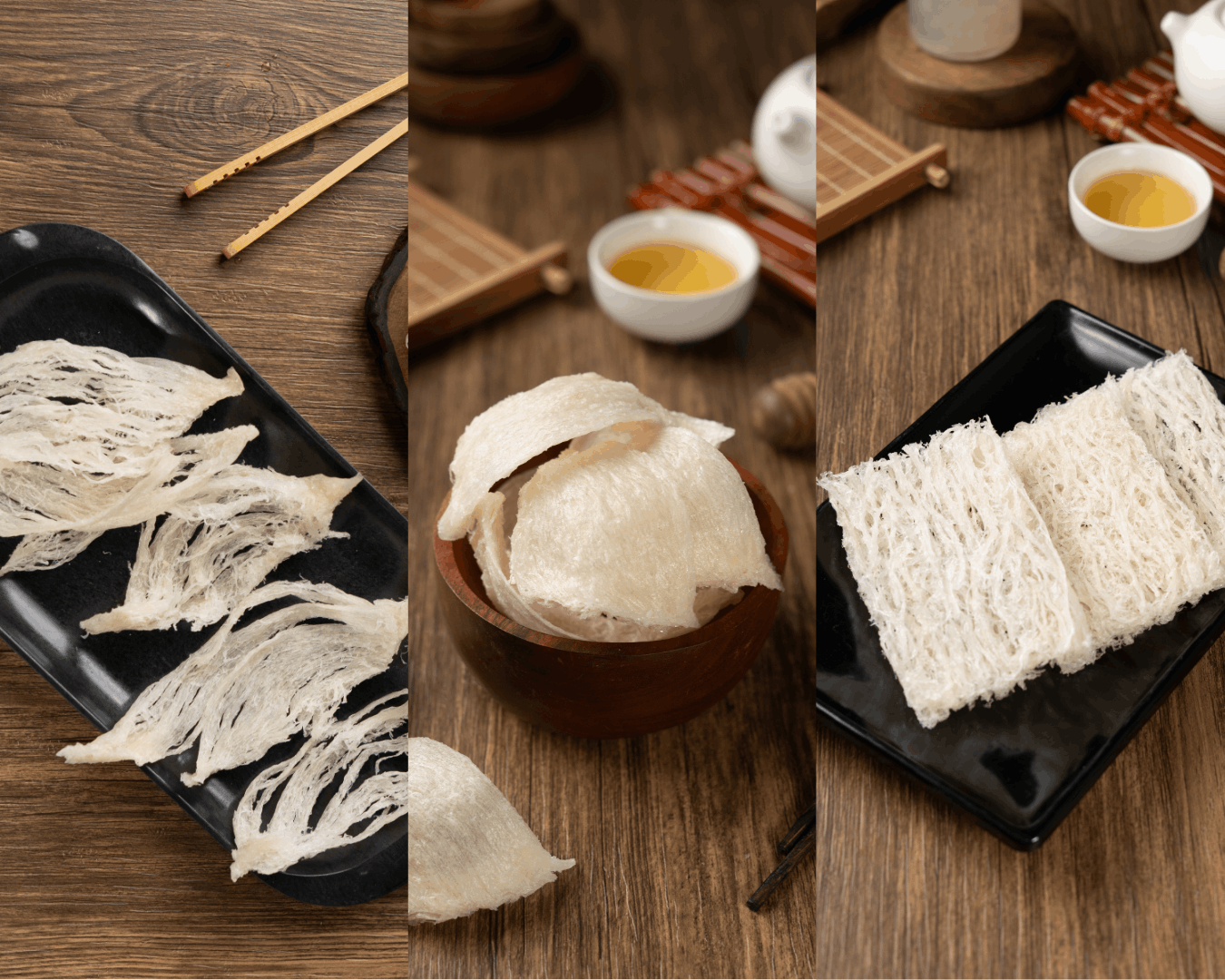 Bird's nest products styled on a wooden table
