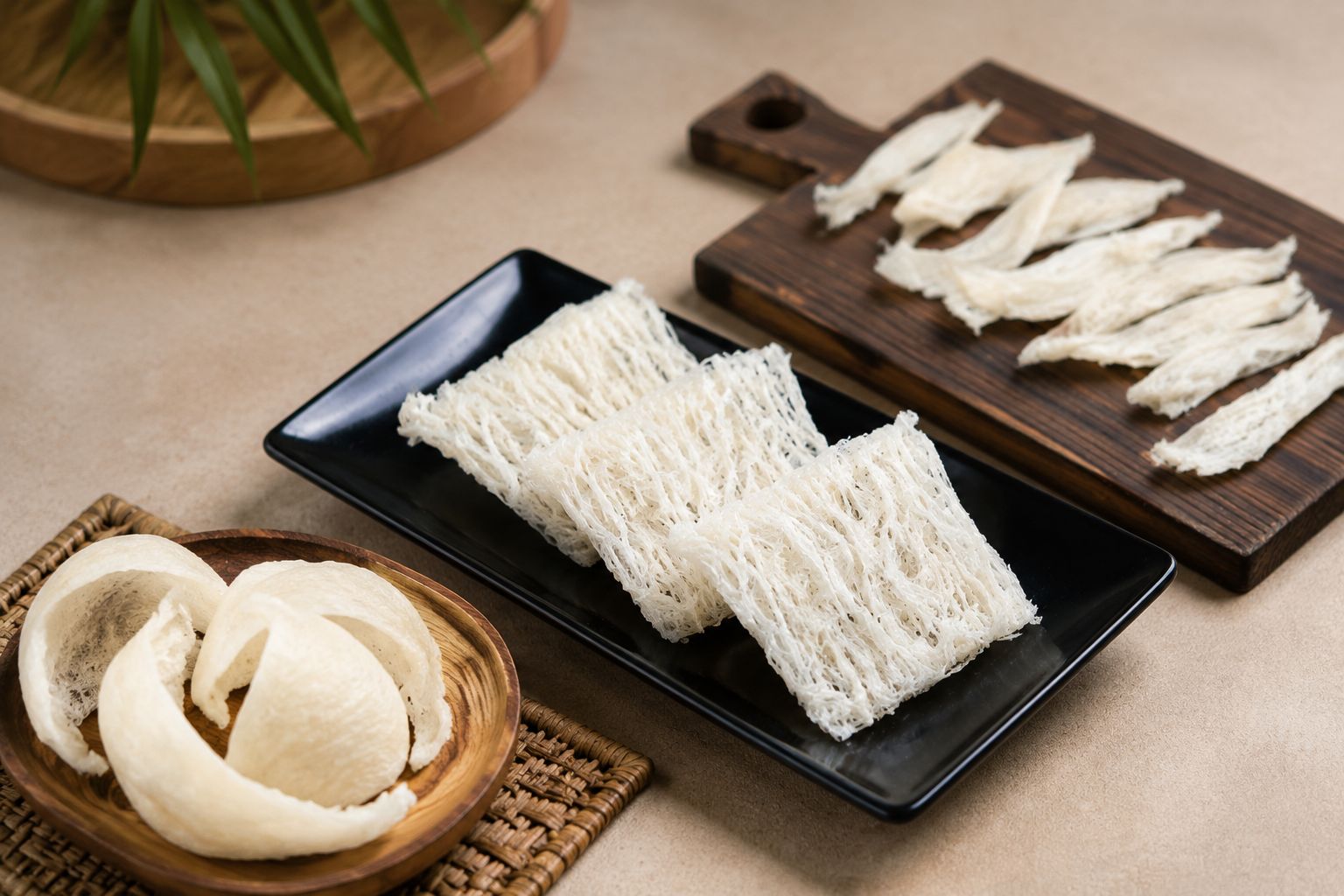 Bird's nest products styled on a wooden table