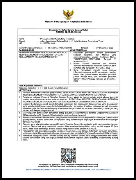 Registered Exporter certificate — Ministry of Trade, Republic of Indonesia
